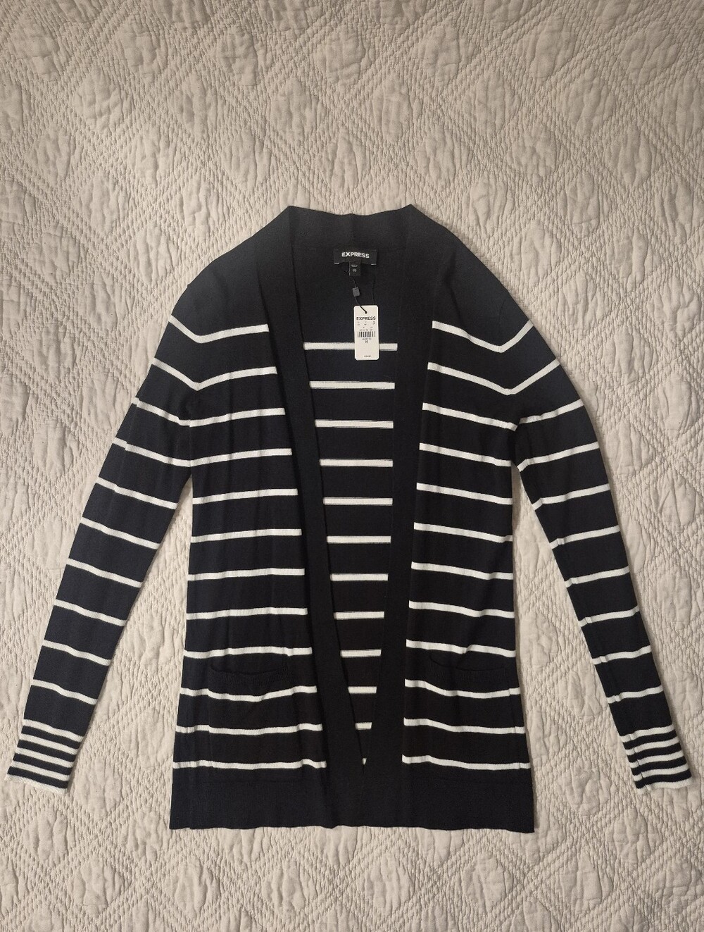 Express Black White Striped Open Front Cardigan XS NWT